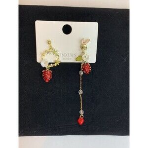 Strawberry Mismatched Dainty Crystal Sparkly Dangle Drop Earrings